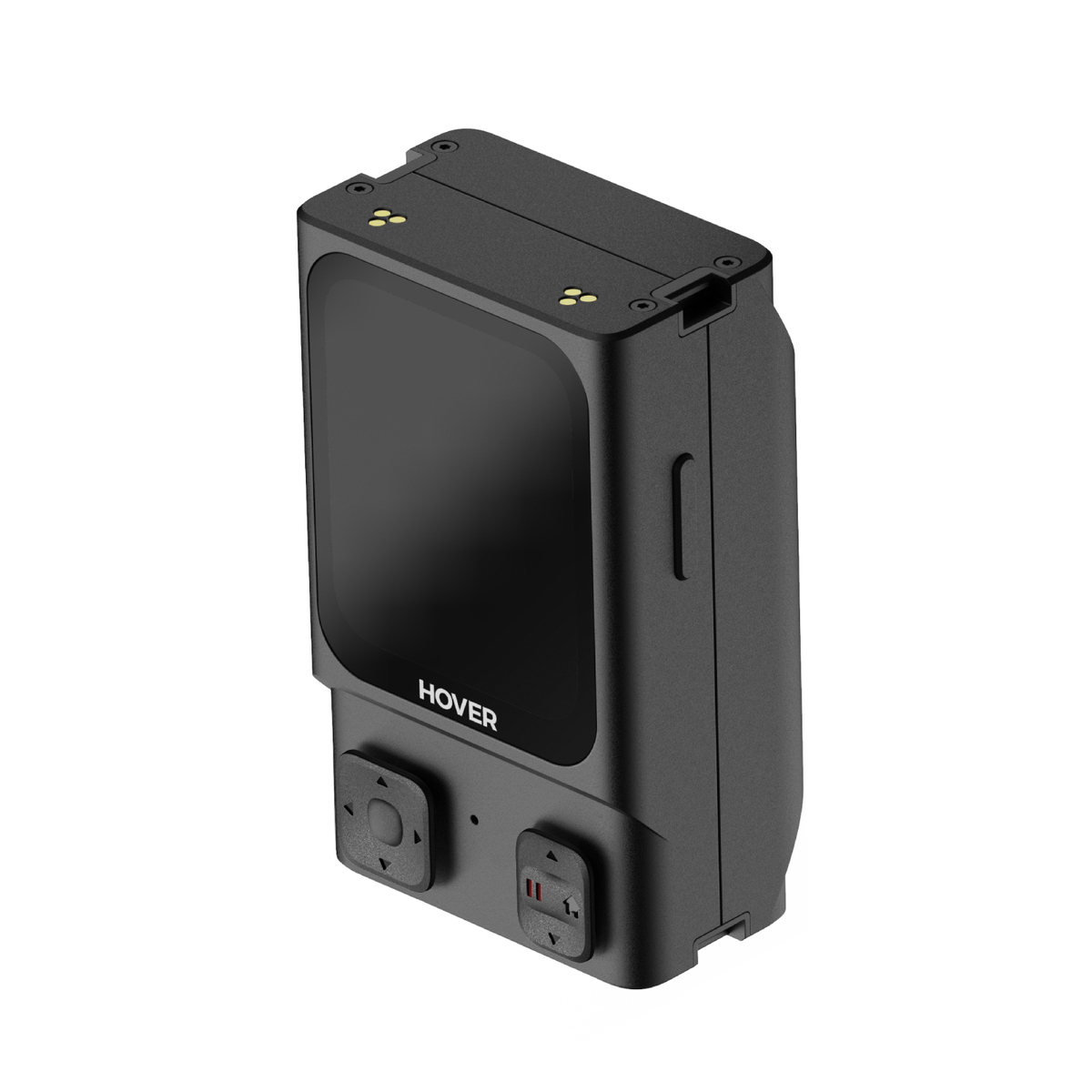 Czarne urządzenie z ekranem, przyciskami i napisem 'HOVER'. Jest na białym tle. Urządzenie wydaje się elektroniczne.