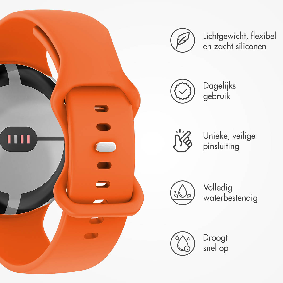 Een oranje smartwatchband wordt getoond. Tekst beschrijft kenmerken: lichtgewicht siliconen, dagelijks gebruik, veilige sluiting, waterdicht en sneldrogend.