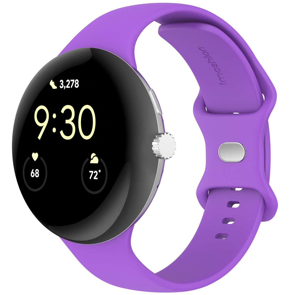 Een paarse smartwatch met een rond zwart scherm met de tijd 9:30 en gezondheidsgegevens. De band is ook paars.