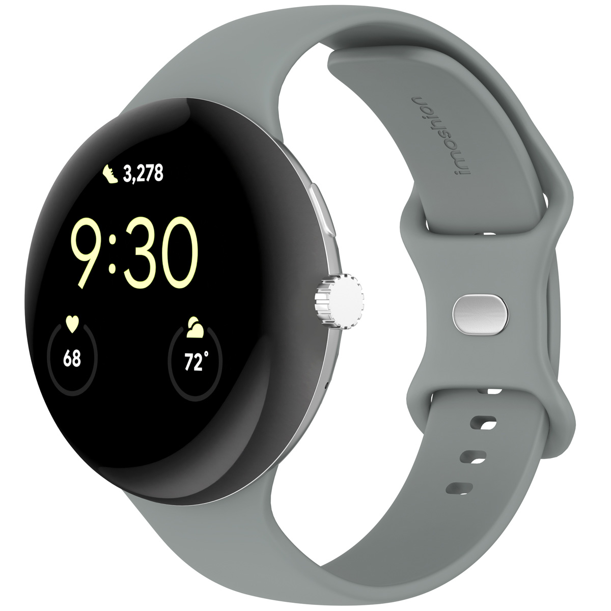 Een grijze smartwatch toont 9:30. Het heeft een rond scherm, een zilveren knop en een grijze band met 'imoshion'.