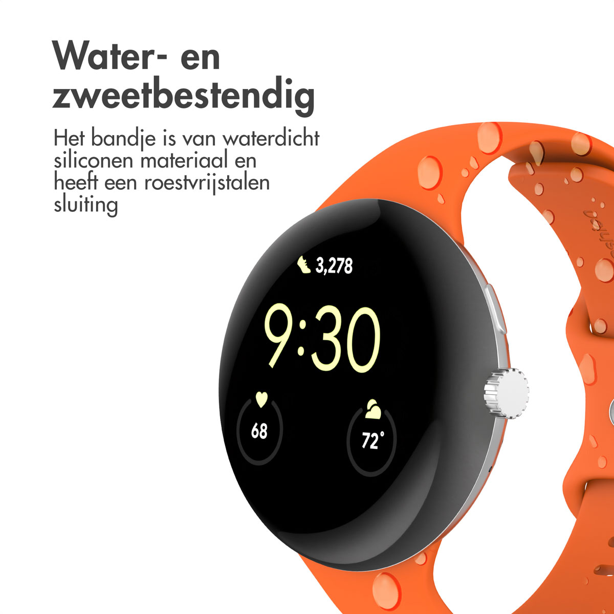 Close-up van een smartwatch met een oranje bandje. De wijzerplaat toont de tijd 9:30, stappen, hartslag en temperatuur.