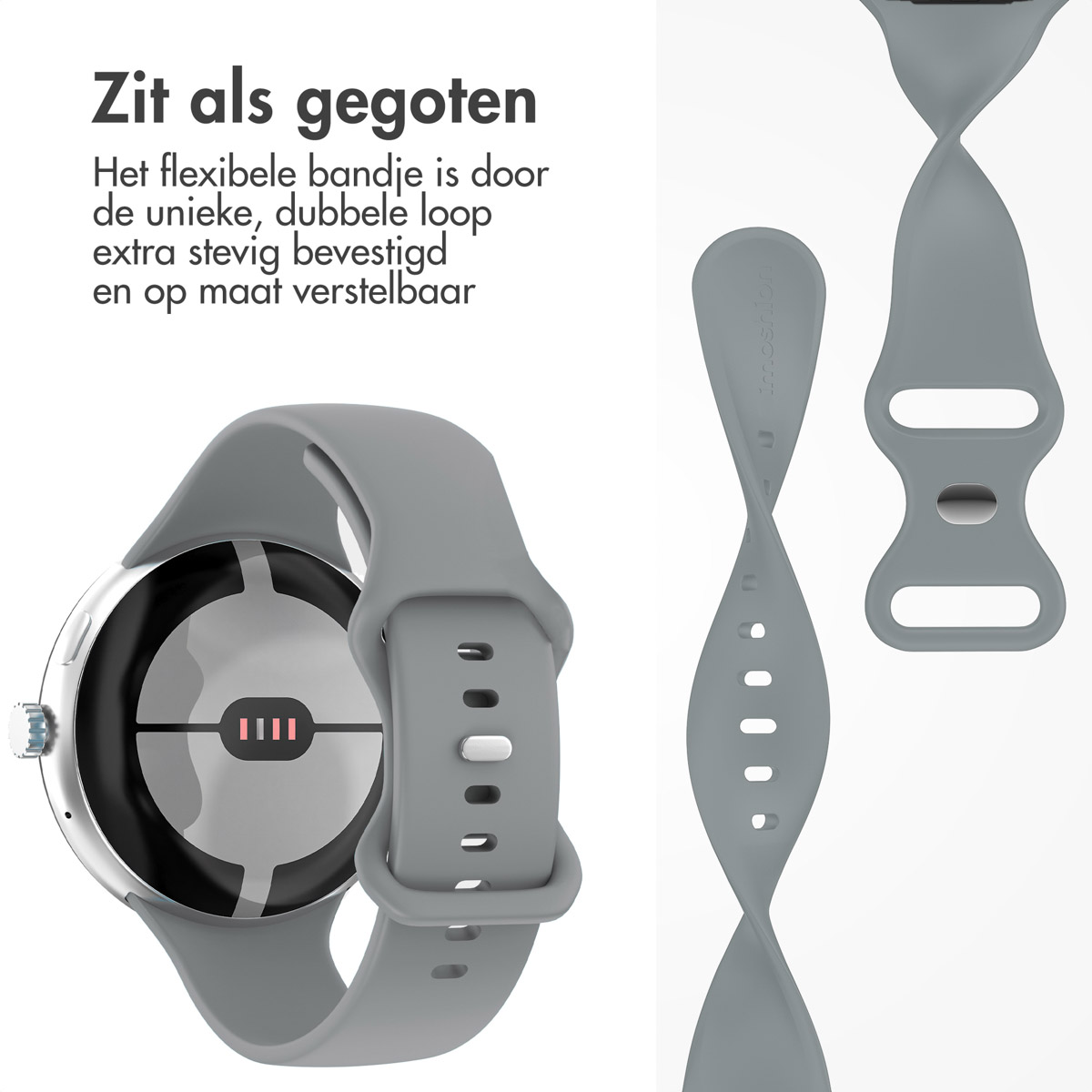 Een grijze smartwatch met een flexibele band wordt getoond. De band wordt in verschillende posities getoond, met Nederlandse tekst.