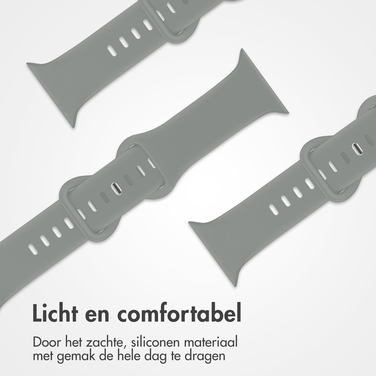 Drie lichtgrijze horlogebandjes op een witte achtergrond. Elk heeft een gesp en gaten. Tekst onder: 'Licht en comfortabel'.