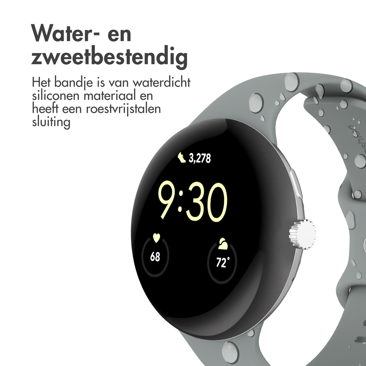 Een grijze smartwatch toont 9:30, 3.278 stappen, hartslag 68 en 72 graden. Hij heeft een grijze siliconen band.
