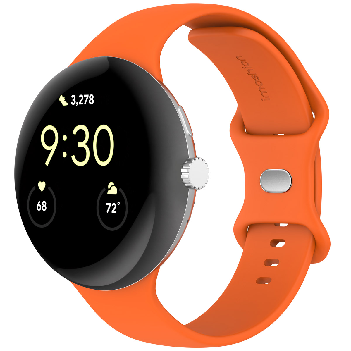 Een ronde smartwatch met een oranje band toont 9:30, stappen, hartslag en temperatuur. Op de band staat 'inmotion'.