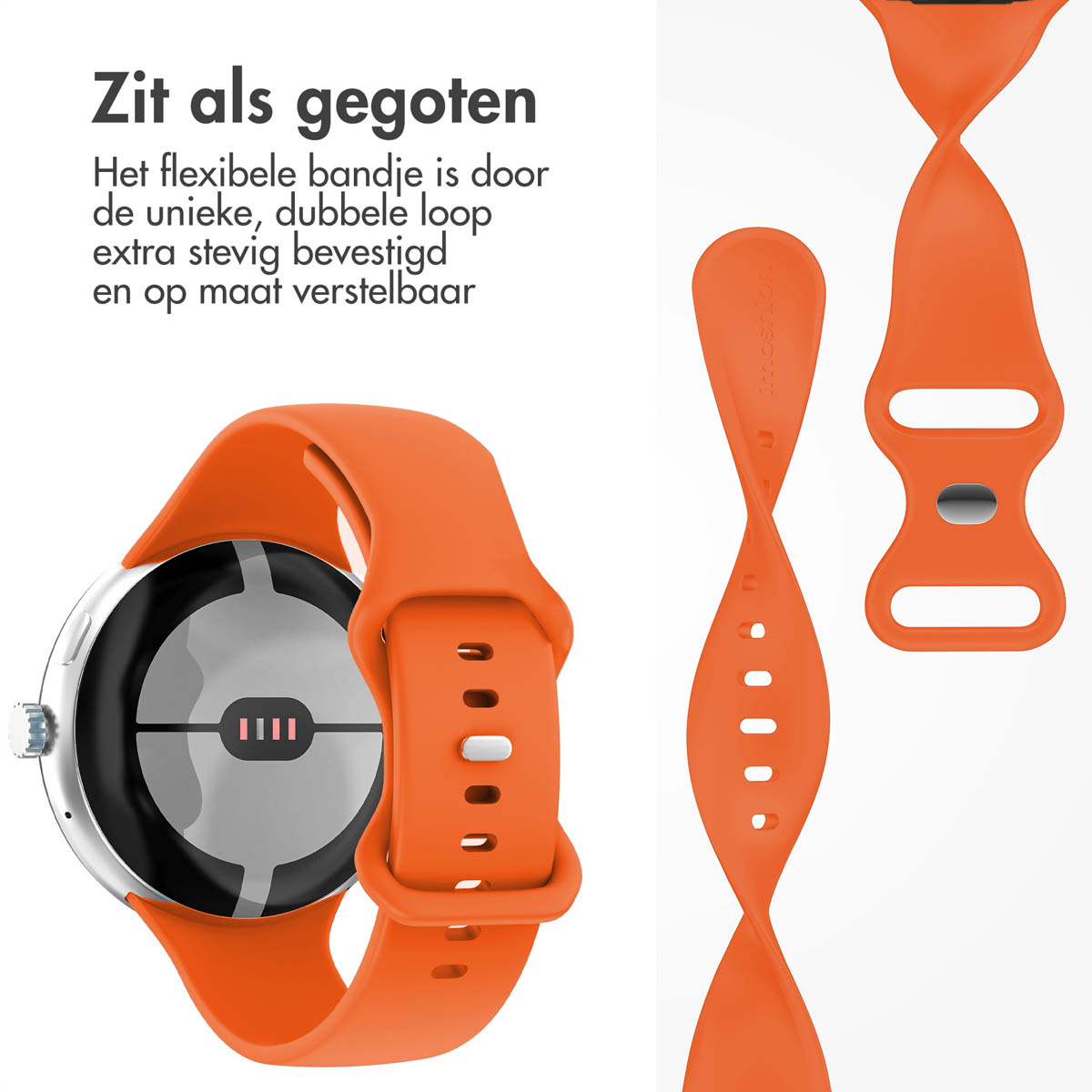 Een oranje smartwatchband met een wijzerplaat en losse bandonderdelen. De tekst luidt 'Past perfect'.