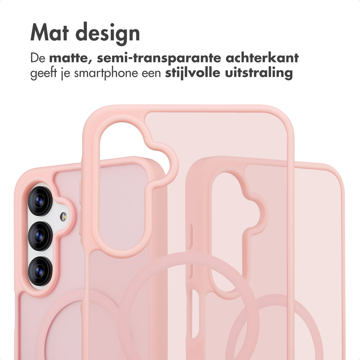 Custodia per telefono rosa con ritaglio per fotocamera. La custodia è semitrasparente. Il testo dice 'Mat design' in alto a sinistra.