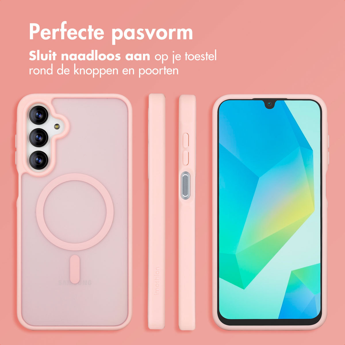 Custodia rosa per telefono con telefono e schermo sullo sfondo. La custodia è mostrata da diverse angolazioni.