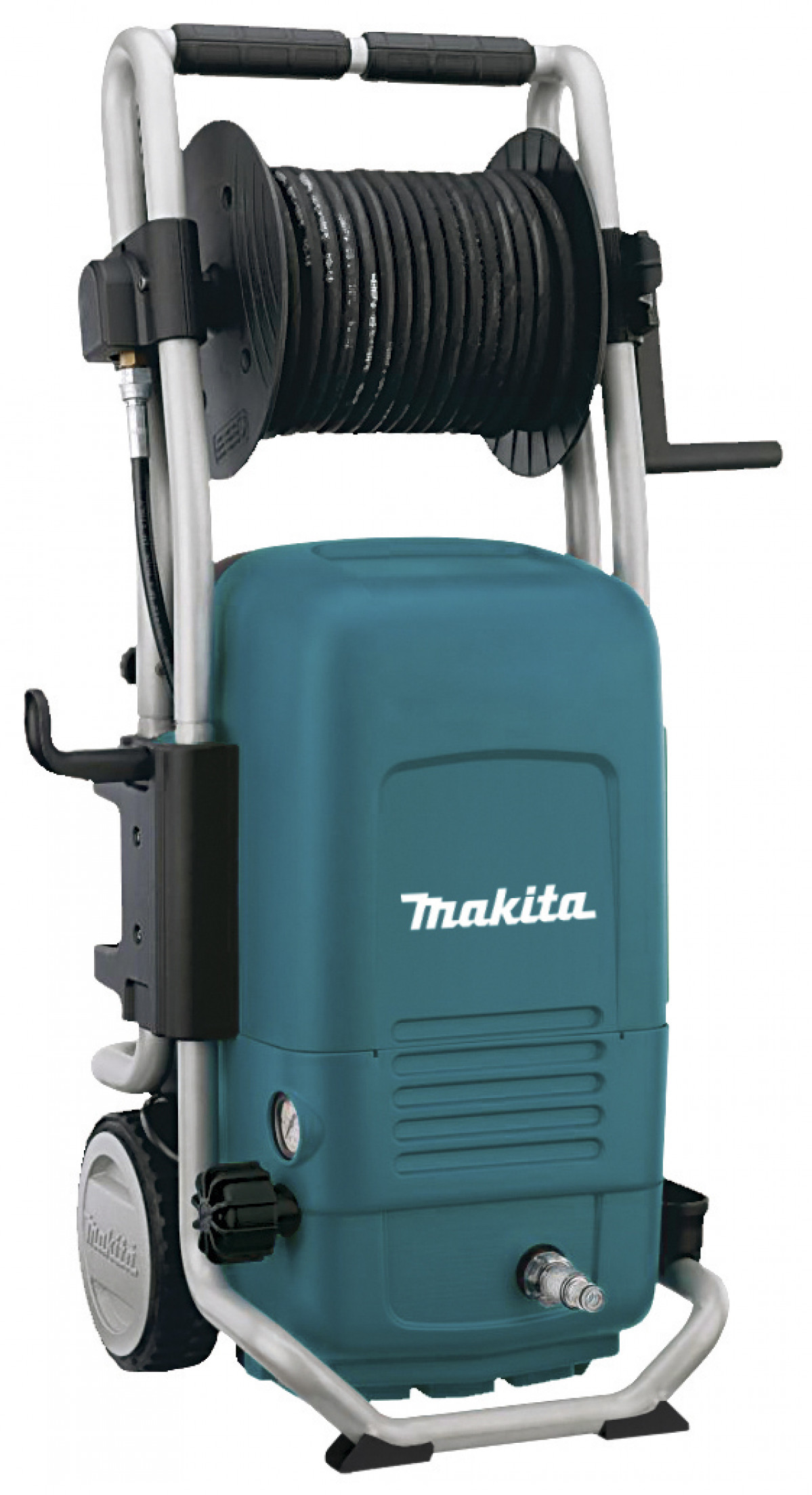 Un'idropulitrice Makita turchese con un avvolgitubo nero. Ha un telaio in metallo e ruote. Il logo Makita è visibile.