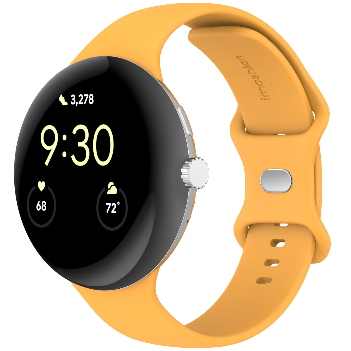 Een gele smartwatch met een zwart scherm waarop 9:30, stappen, hartslag en temperatuur worden weergegeven. Het heeft een gele band en een zilveren knop.