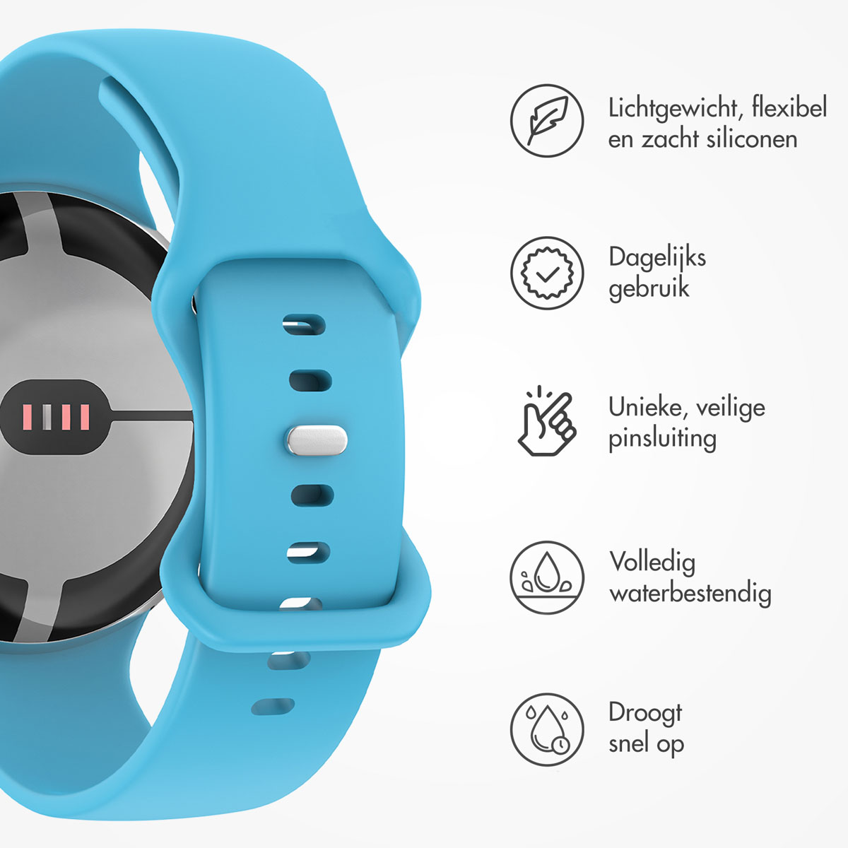 Close-up van een blauwe smartwatch met iconen die lichtgewicht, dagelijks gebruik, unieke sluiting, waterdicht en sneldrogend aangeven.