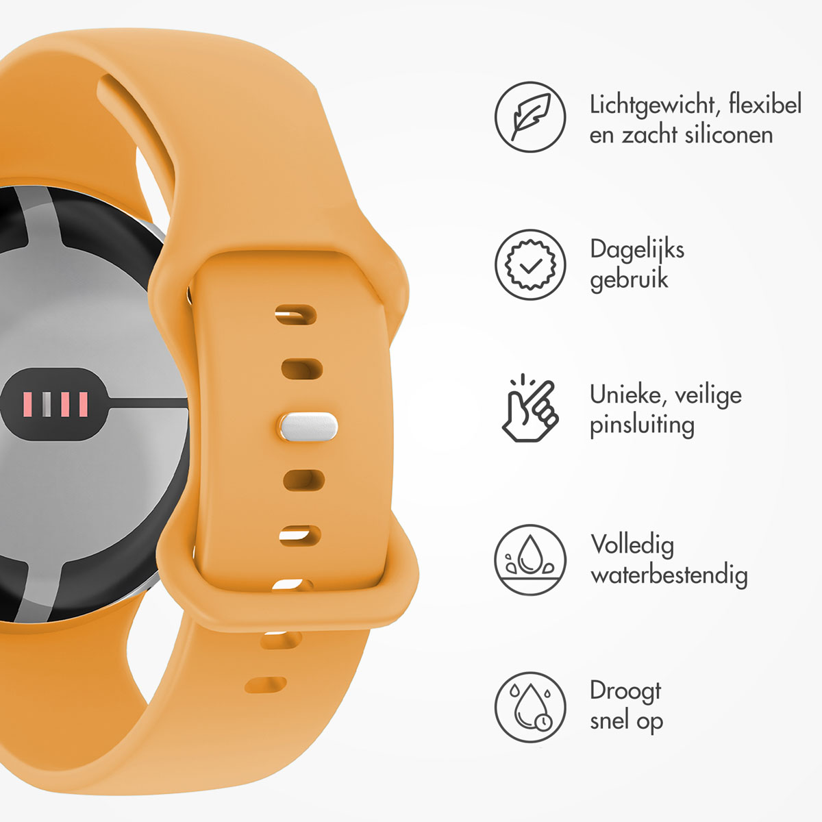 Een oranje smartwatch-bandje met wijzerplaat op een witte achtergrond. Tekst beschrijft functies zoals lichtgewicht siliconen en waterbestendigheid.