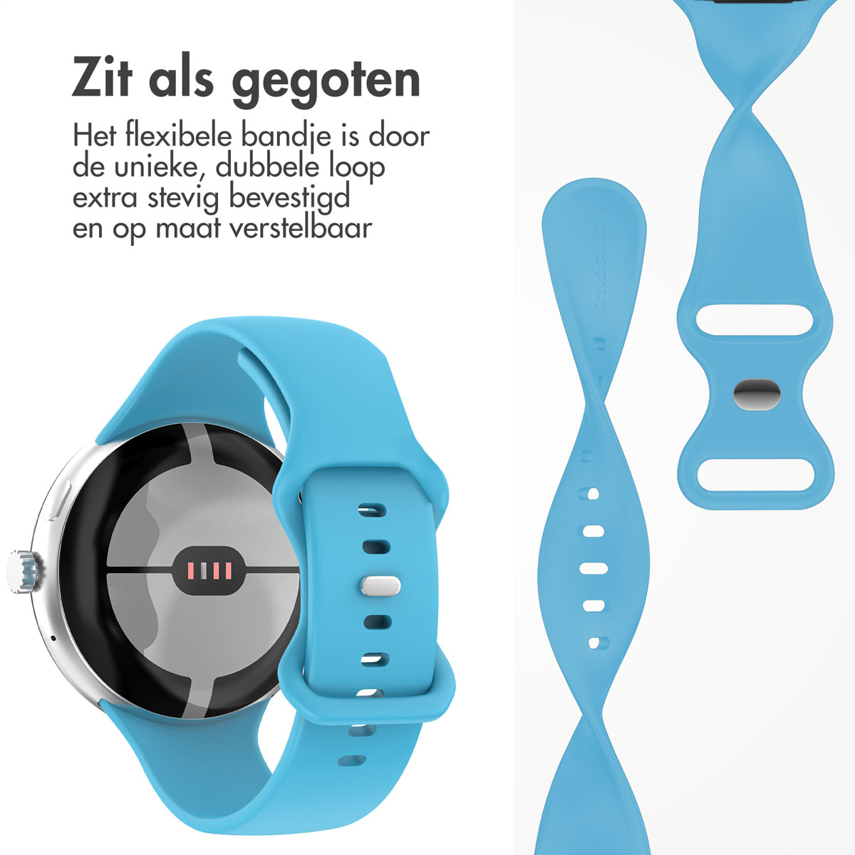 Een lichtblauwe smartwatch met bijpassende band wordt getoond. De band is flexibel en verstelbaar. Het horloge heeft een zilveren kast.