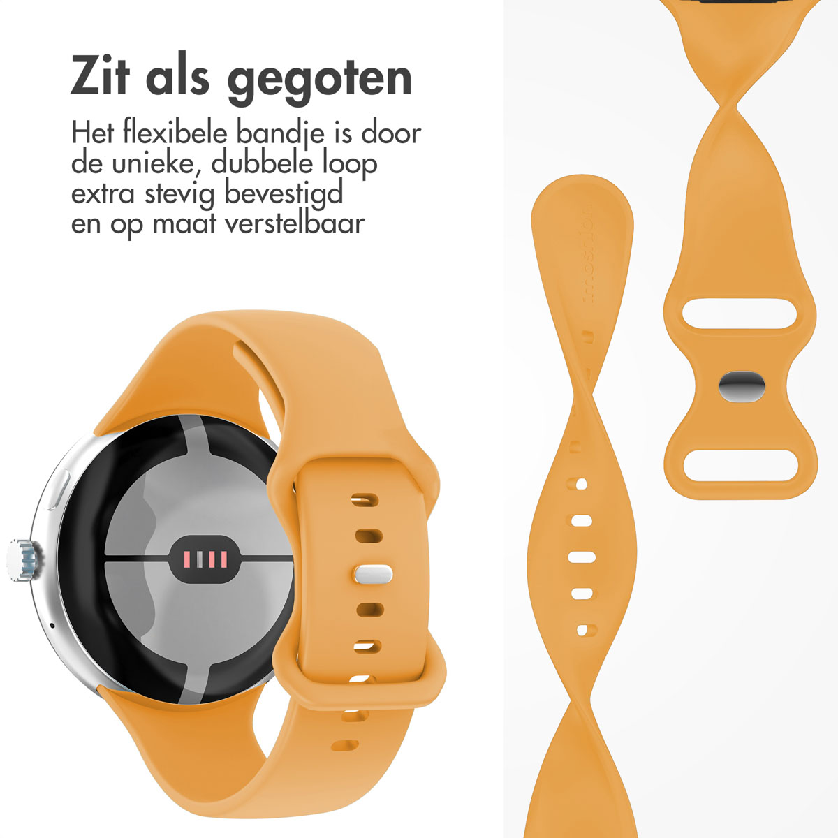 Een oranje smartwatch met bijpassende bandje wordt getoond, samen met een losgemaakt bandje. Het horloge heeft een zilveren kast en zwart scherm.