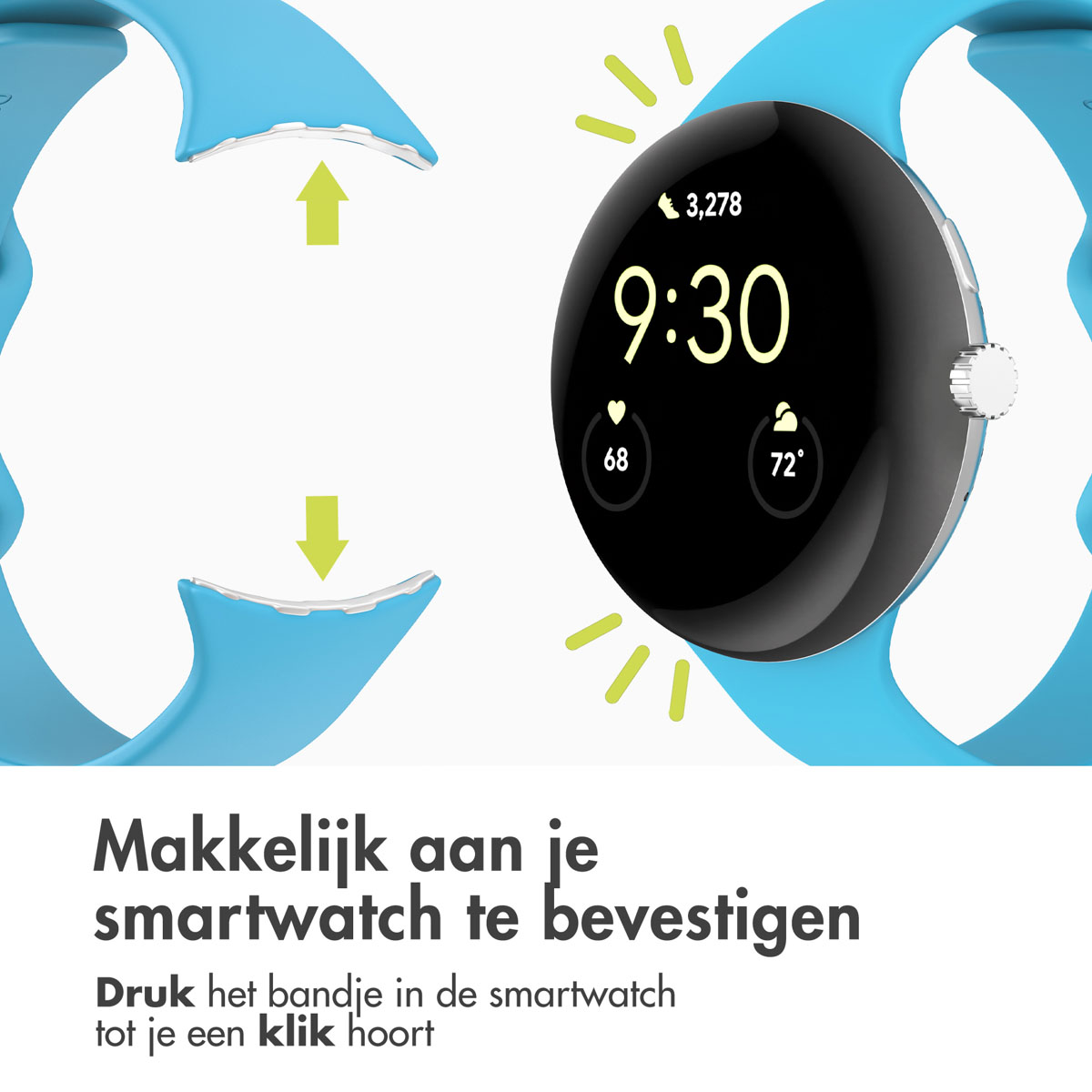 Een smartwatch met een blauwe band wordt getoond. De wijzerplaat toont de tijd 9:30 en andere meetwaarden. De band wordt bevestigd.