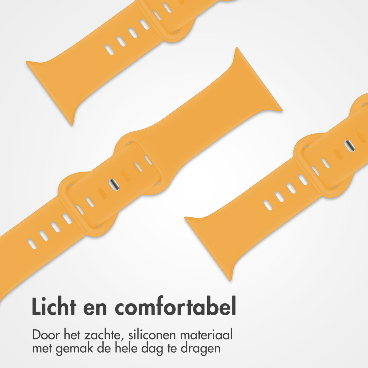 Drie oranje horlogebandjes op een witte achtergrond. De bandjes staan schuin en tonen details van de gaten en gespen.