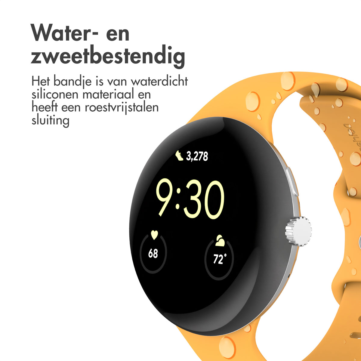 Een smartwatch met een oranje band toont 9:30. Bovenstaande tekst zegt 'Water- en zweetbestendig'.