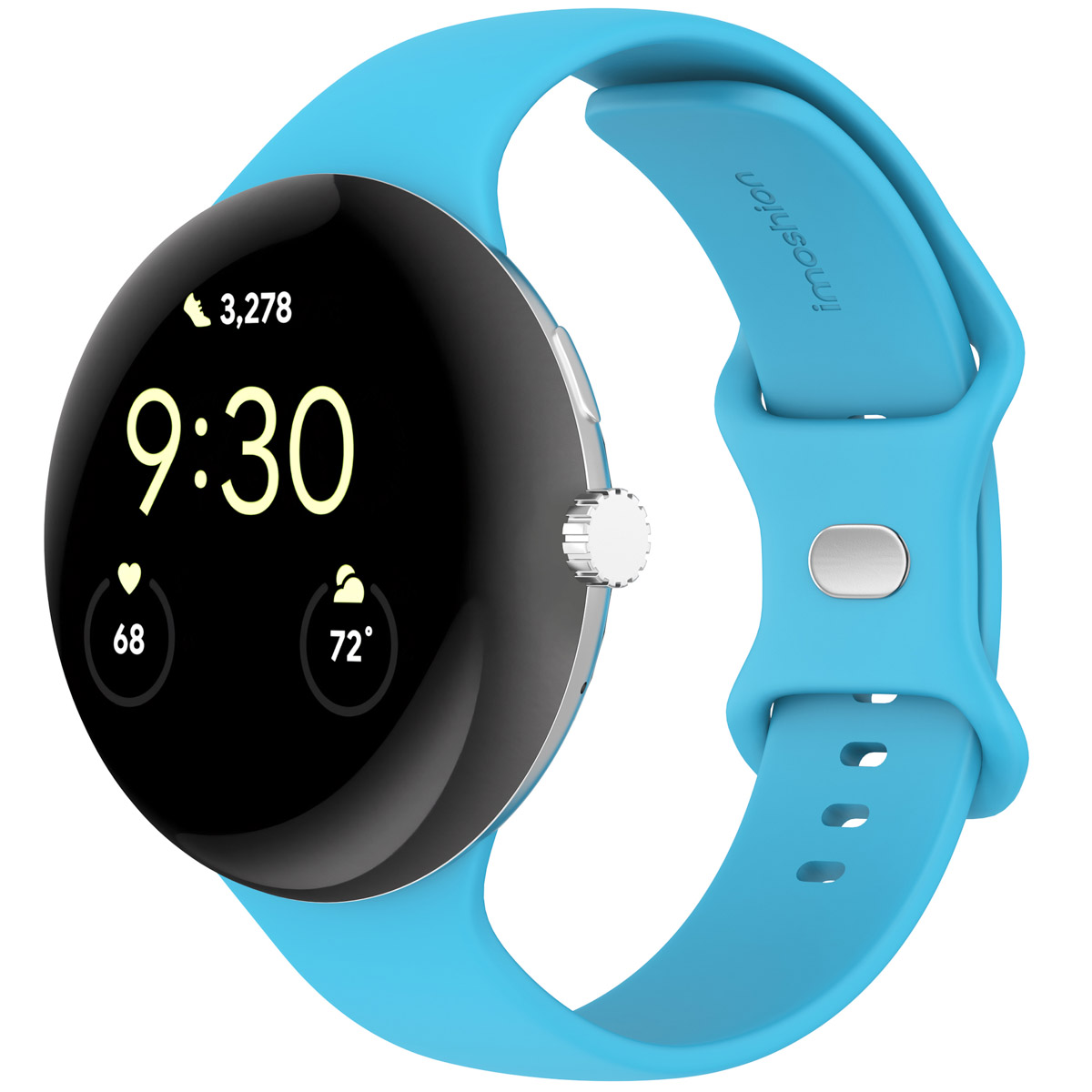 Een ronde smartwatch met een zwart scherm waarop 9:30 en statistieken worden weergegeven. Het heeft een lichtblauwe band en zilveren accenten.