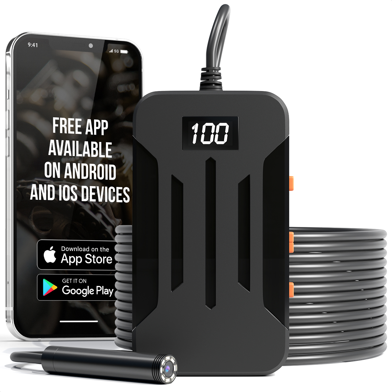 Een zwarte inspectiecamera kit met een smartphone die de beschikbaarheid van de app toont en het nummer 100 op een scherm.