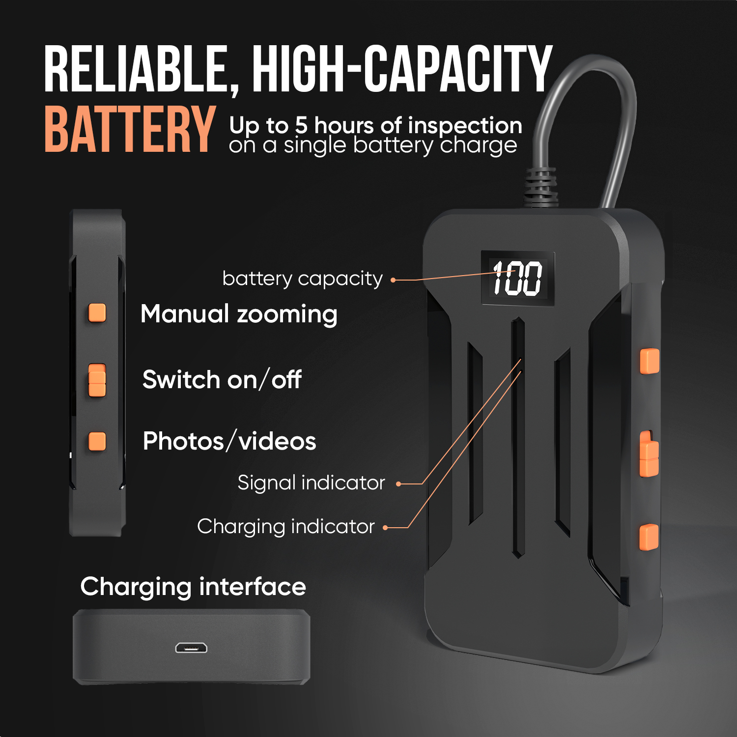 Zwart apparaat met oranje knoppen, een scherm met 100 en een oplaadinterface. Tekst benadrukt batterijkenmerken.