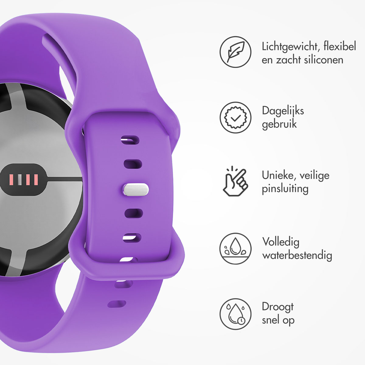 Een close-up van een paarse smartwatch-band met tekstbeschrijvingen. De band is verbonden met een wijzerplaat met rode balken.