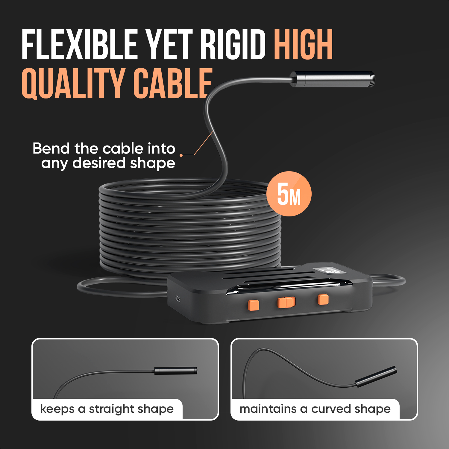 Zwarte kabel in spiraal, strekt zich uit naar een apparaat met oranje knoppen. Toont flexibiliteit en stijfheid met rechte en gebogen vormen.