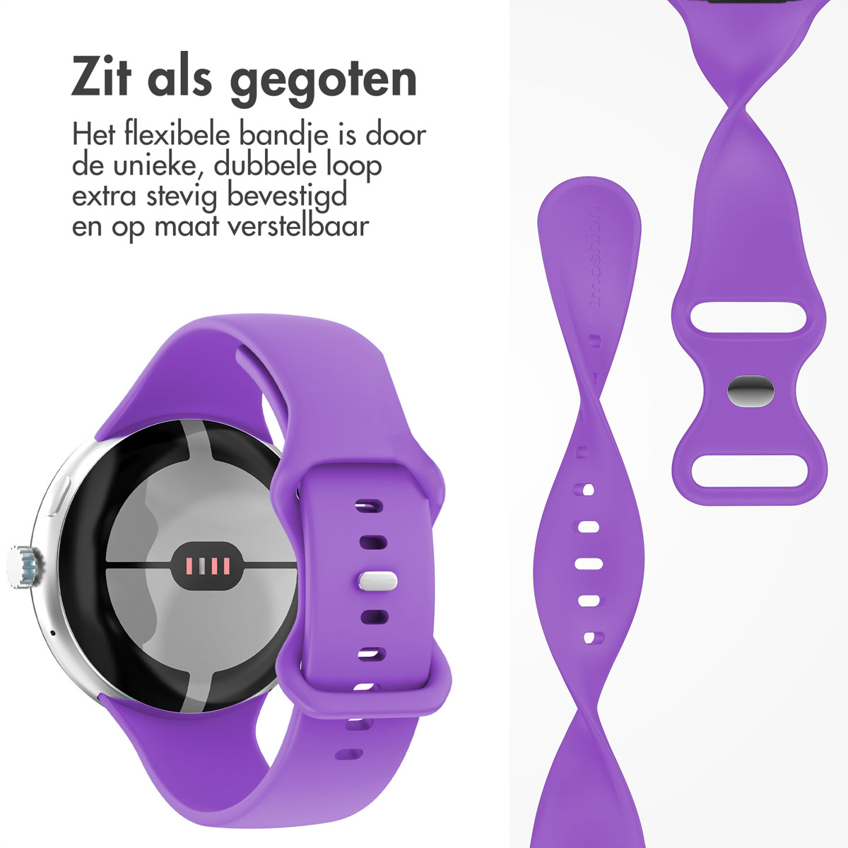 Een paarse smartwatch met een flexibele band. De band wordt apart getoond. De tekst zegt dat de band flexibel en verstelbaar is.
