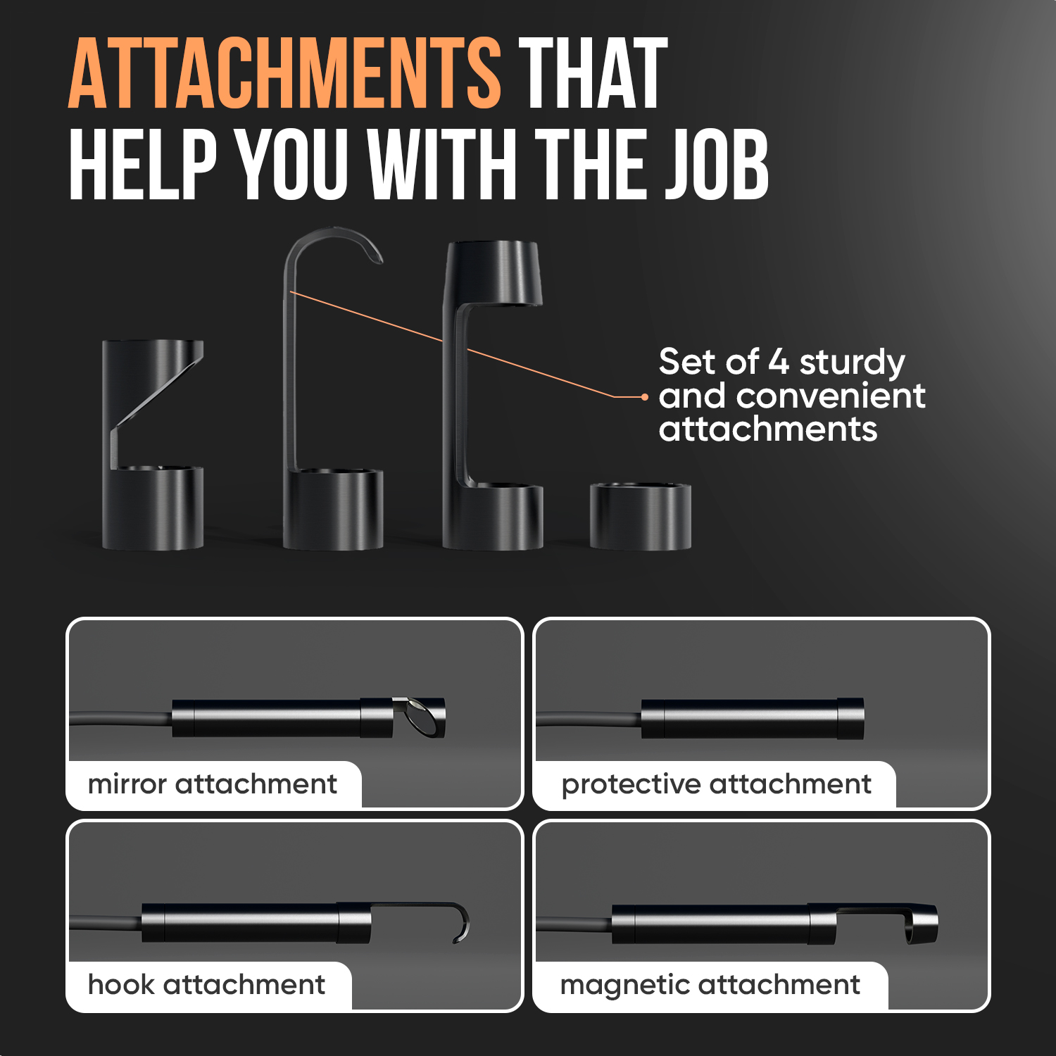 Afbeelding toont hulpstukken. Bovenstaande tekst luidt 'ATTACHMENTS THAT HELP YOU WITH THE JOB'. Vier soorten hulpstukken worden hieronder getoond: spiegel, beschermend, haak en magnetisch.