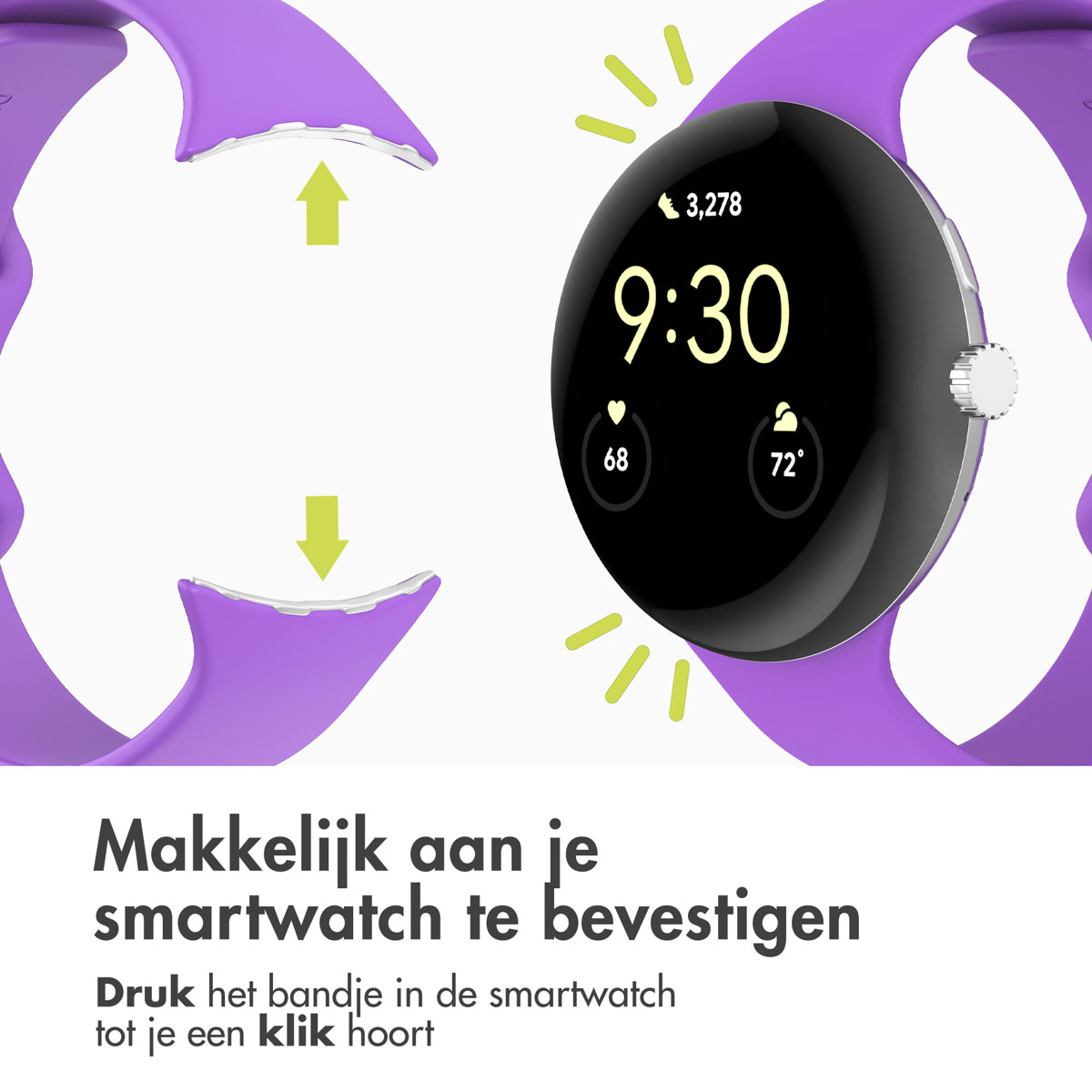 Een paarse smartwatch-band wordt bevestigd aan de wijzerplaat. Het scherm toont de tijd, stappen en het weer.