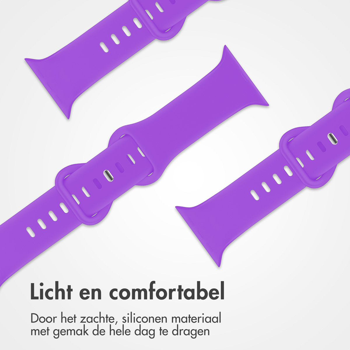 Drie paarse horlogebandjes op een witte achtergrond. Tekst onderaan: 'Licht en comfortabel'.