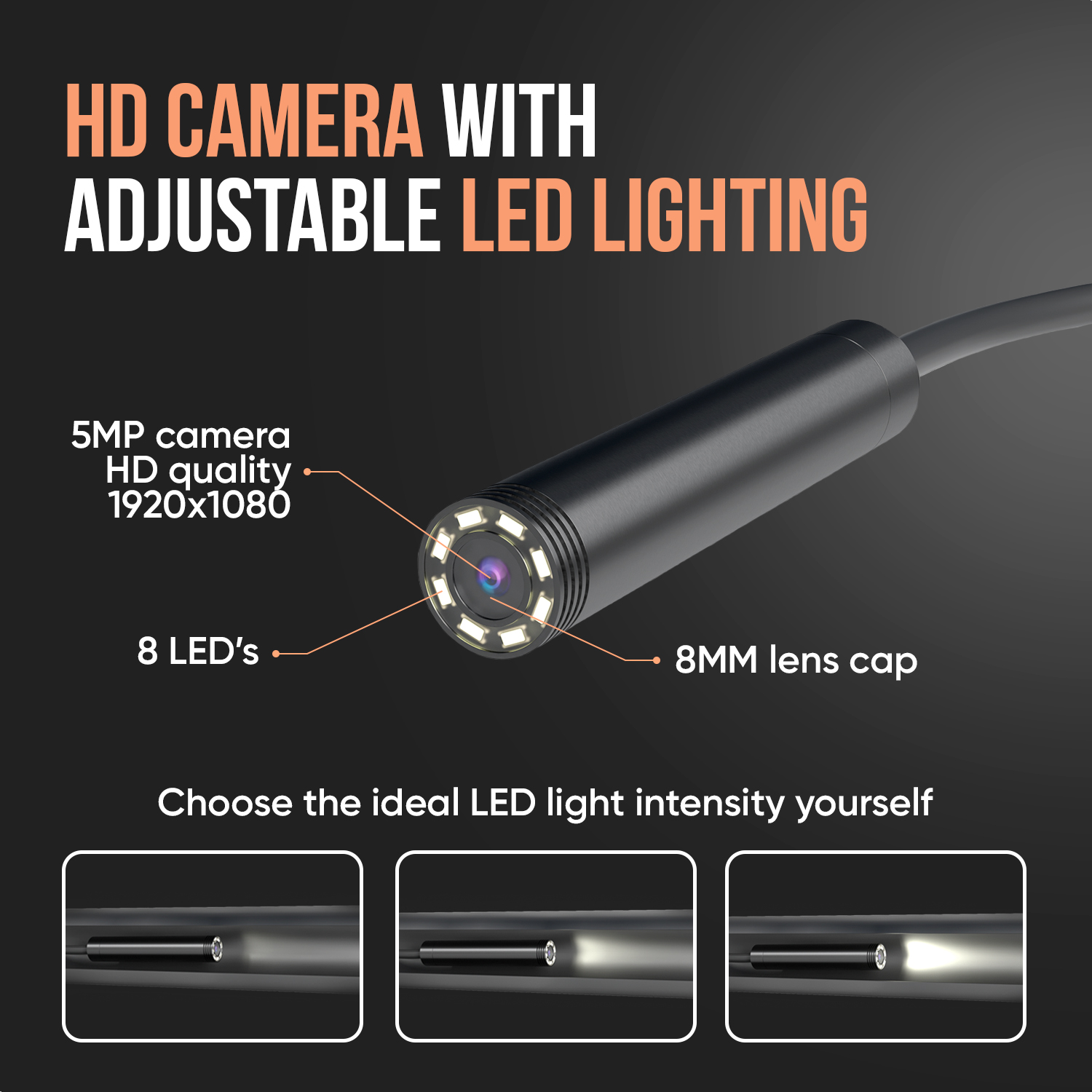 Een HD-camera met instelbare LED-verlichting. Het heeft een 5MP camera, 8 LED's en een 8MM lensdop. Hiermee kan de LED-lichtintensiteit worden gekozen.