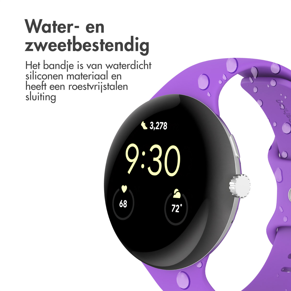 Close-up van een smartwatch met een zwart scherm waarop de tijd 9:30 staat. De band is paars. Nederlandse tekst.