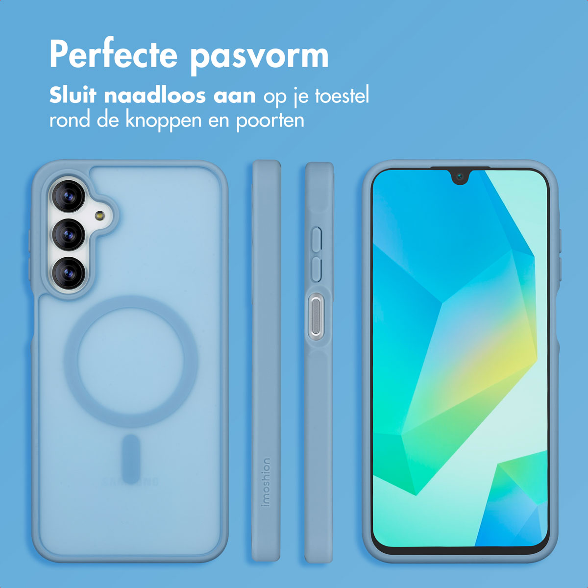 Una custodia per telefono azzurra con un telefono all'interno. La custodia è mostrata da tre angolazioni, con il testo 'Vestibilità perfetta' in alto.