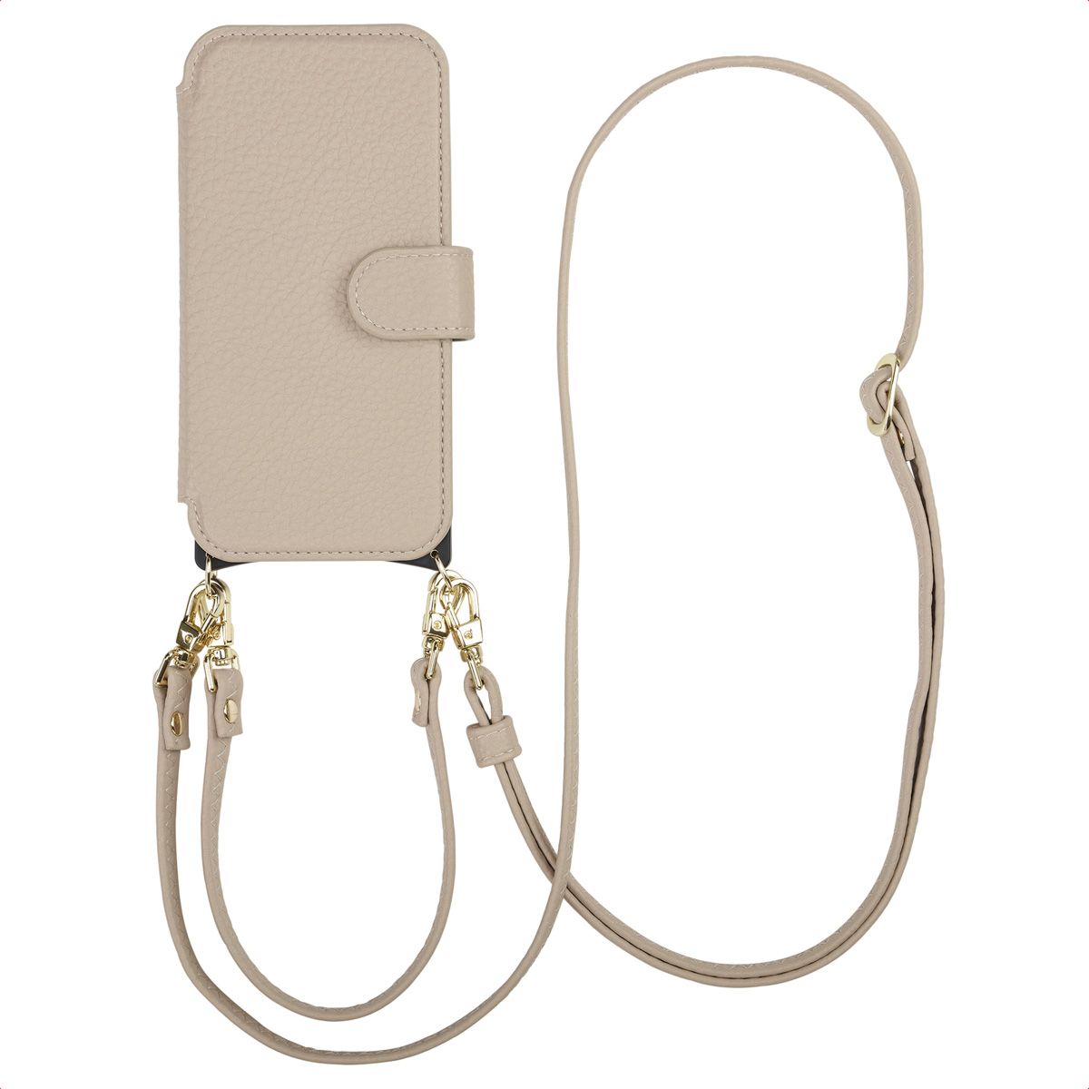 Un étui de téléphone beige avec une sangle. L'étui a une fermeture magnétique et des fermoirs dorés. La sangle est beige.