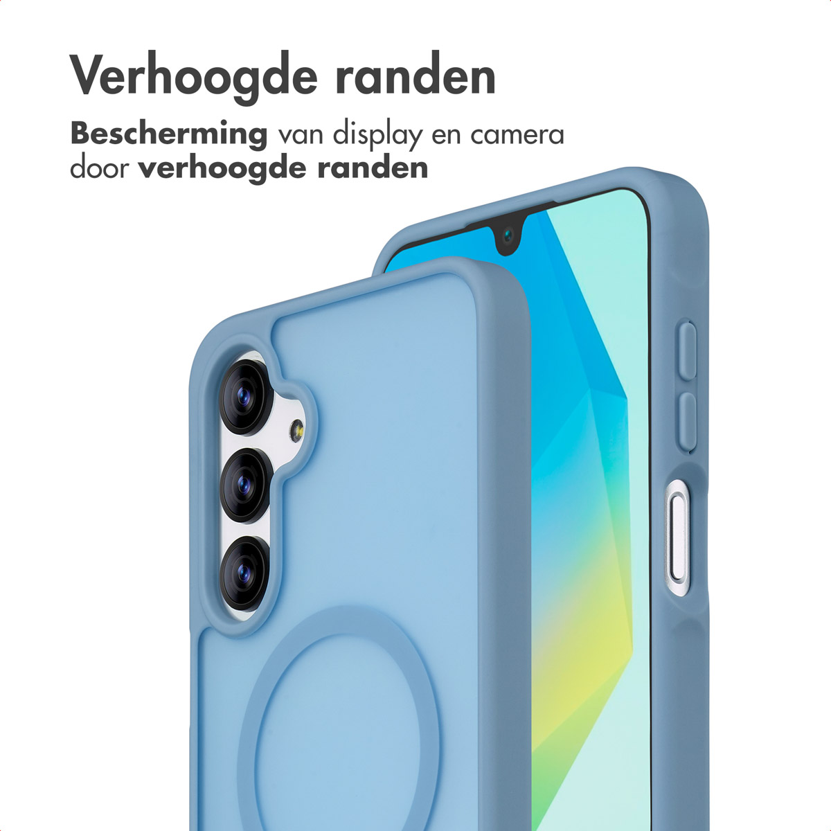 Una custodia blu chiaro protegge uno smartphone. La custodia ha bordi rialzati per proteggere lo schermo e la fotocamera.