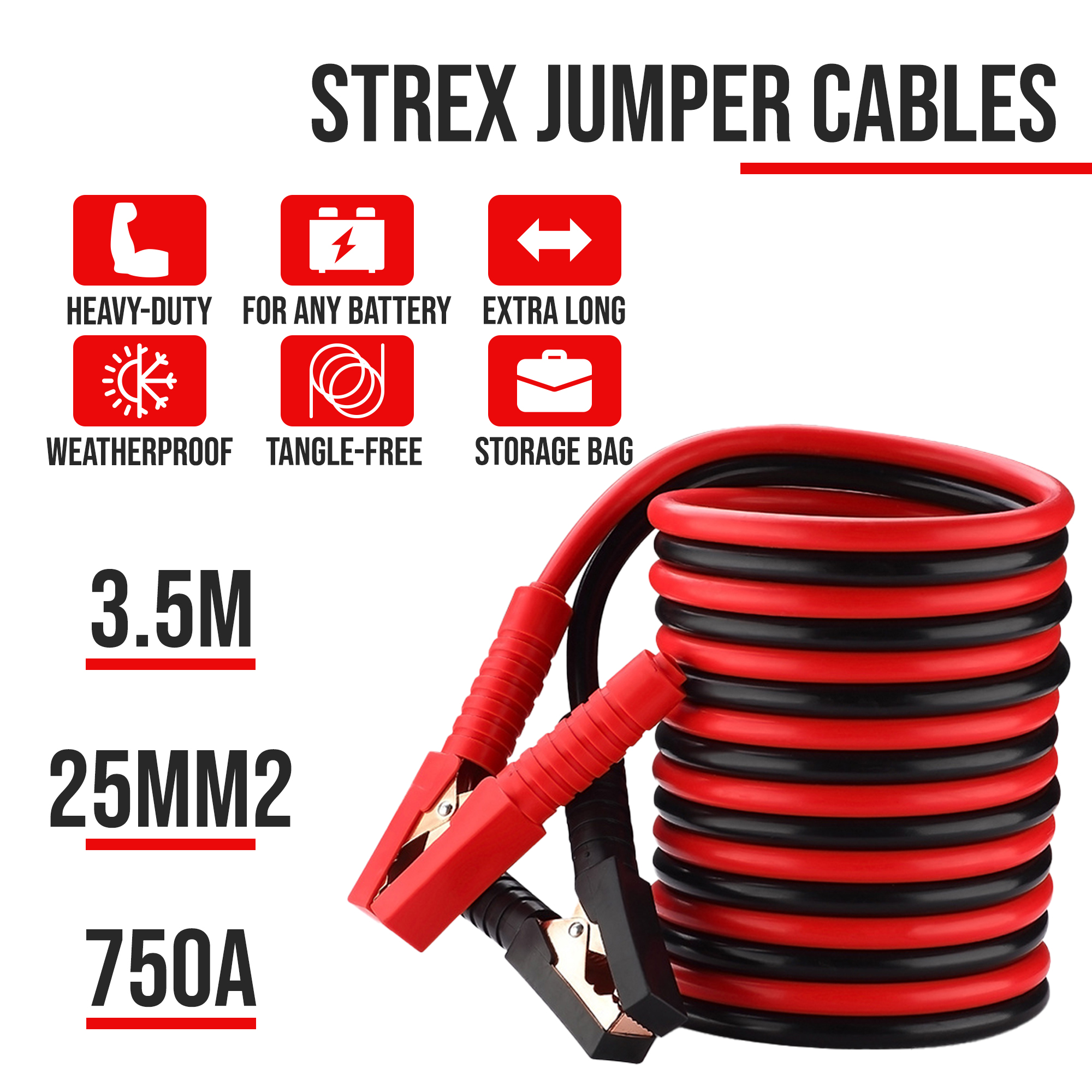 Image shows red and black jumper cables with clamps. Text includes 'STREX JUMPER CABLES', and features like heavy-duty.