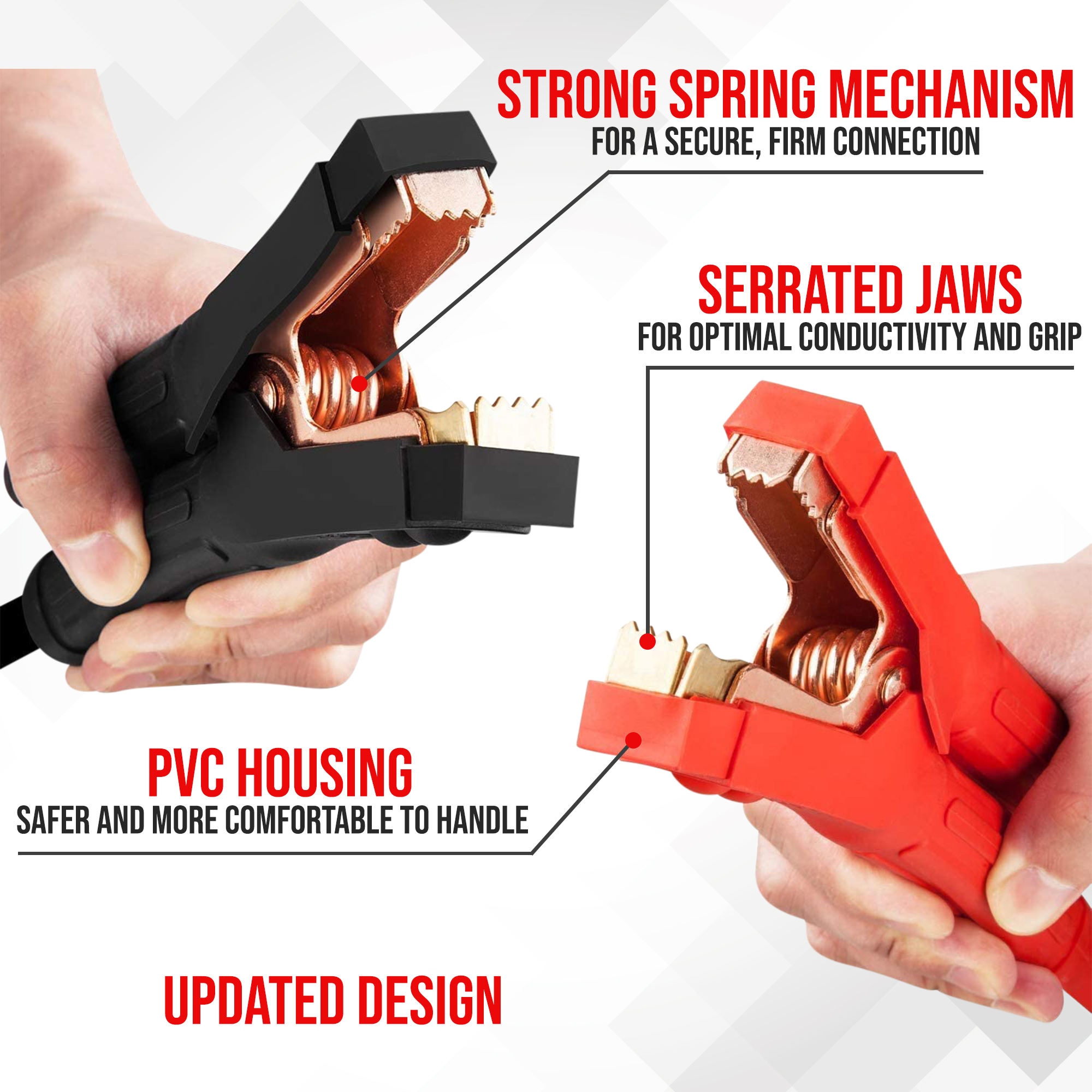 Hands holding black and red jumper cables. Features include strong spring mechanism, serrated jaws, and PVC housing.