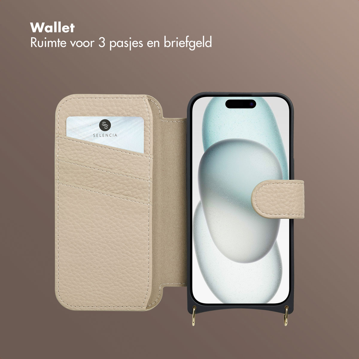 Étui portefeuille ouvert avec téléphone. Cuir beige. Le téléphone affiche un fond d'écran abstrait. Carte dans l'emplacement. Accents dorés.