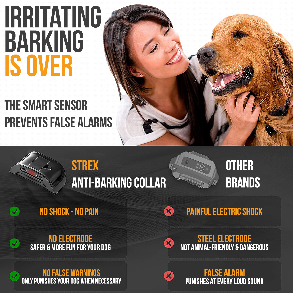 A woman smiles at a golden retriever. Text says, "Irritating barking is over." The ad promotes an anti-barking collar.
