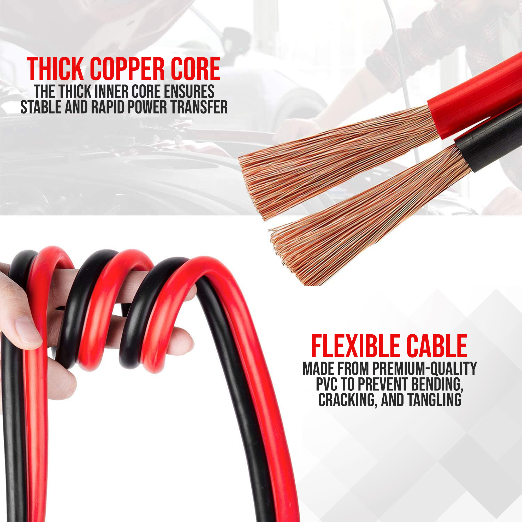 Image shows red and black jumper cables with copper core. Text highlights features like rapid power transfer and flexibility.