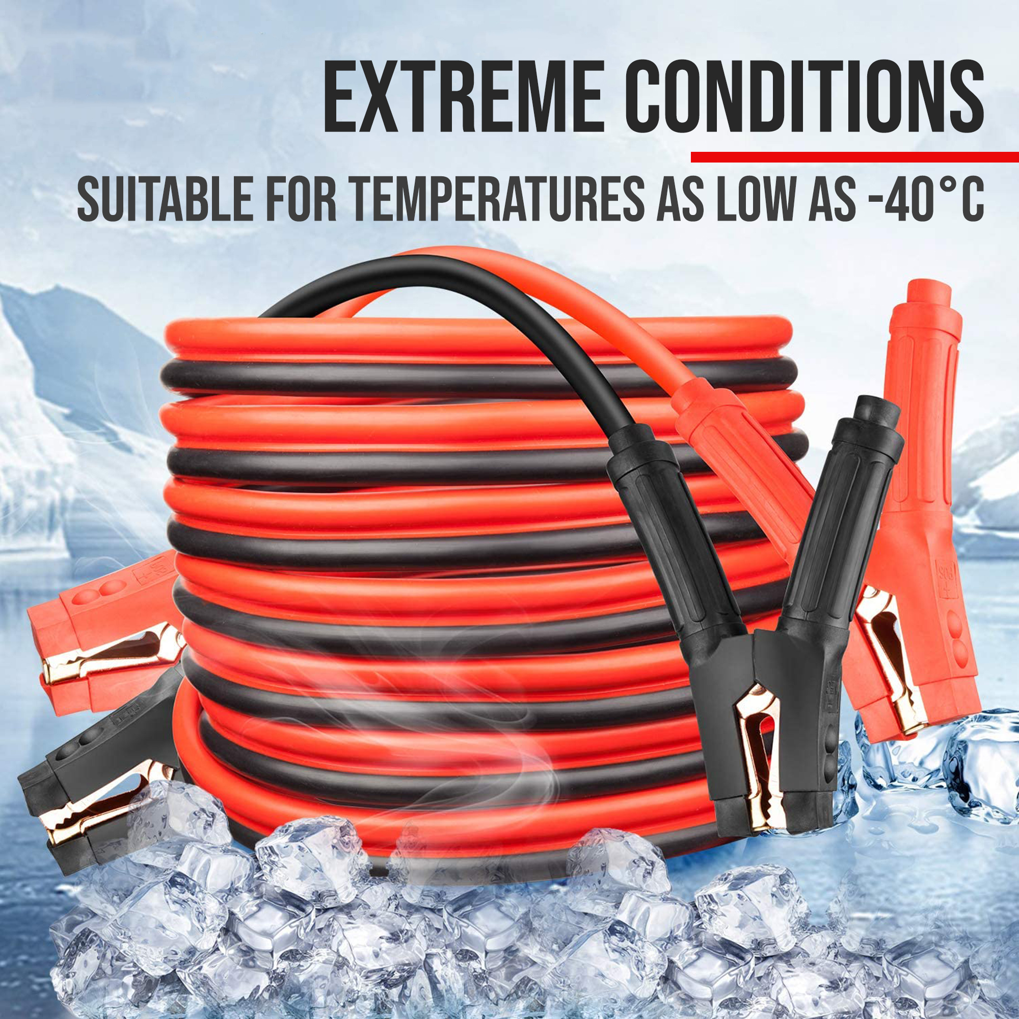 Red and black jumper cables with clamps on ice, promoting use in extreme conditions down to -40°C.