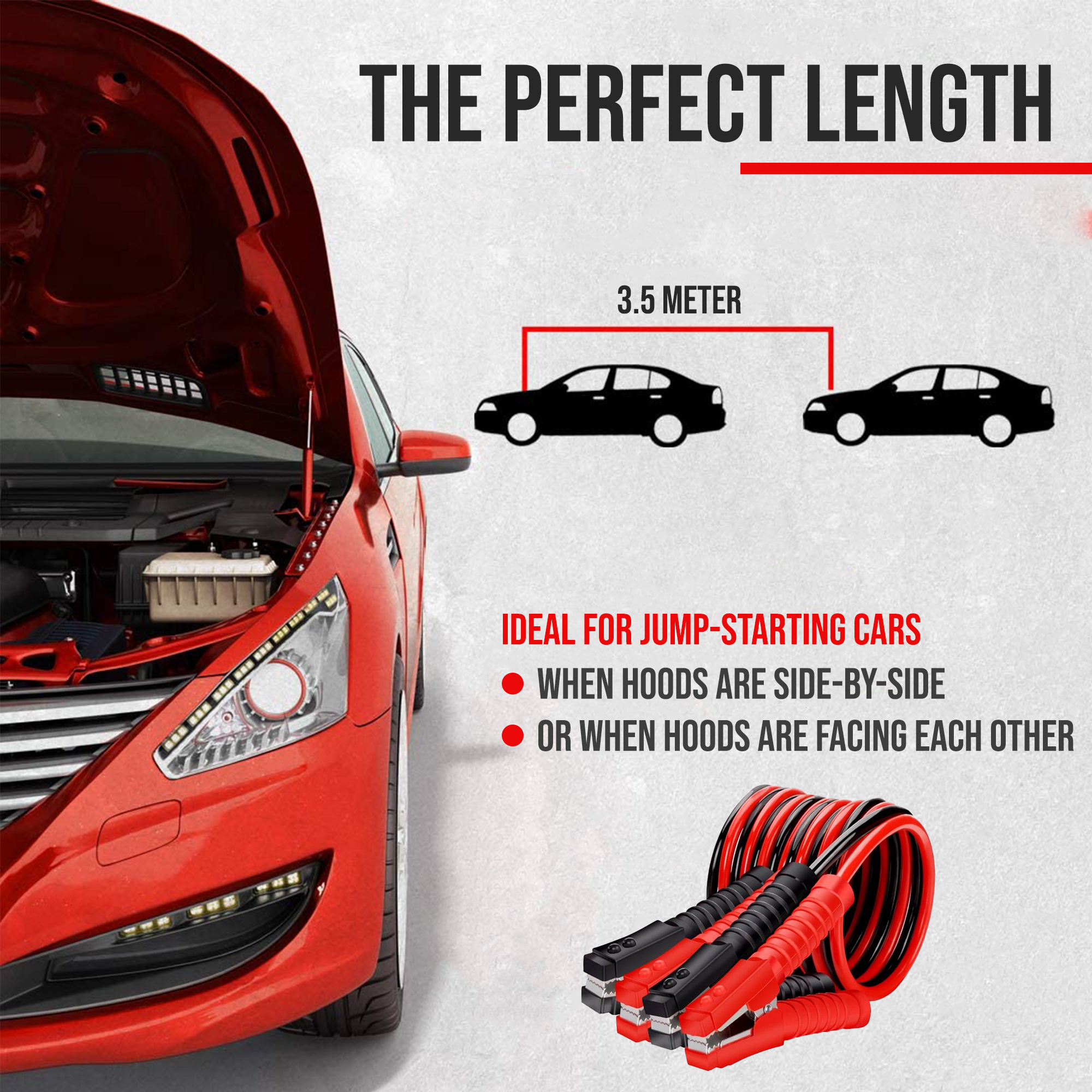 Red car with open hood. Text says 'The perfect length', shows cars and jumper cables, ideal for jump-starting.