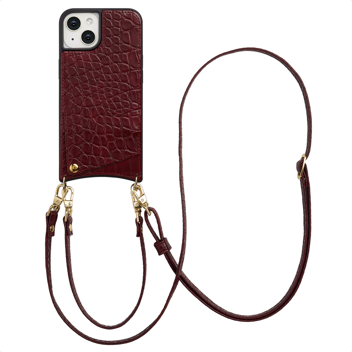 Een bordeauxrode telefoonhoes met krokodillenstructuur, een gouden ketting en een zwarte telefoon. De hoes heeft een zak en gouden sluitingen.