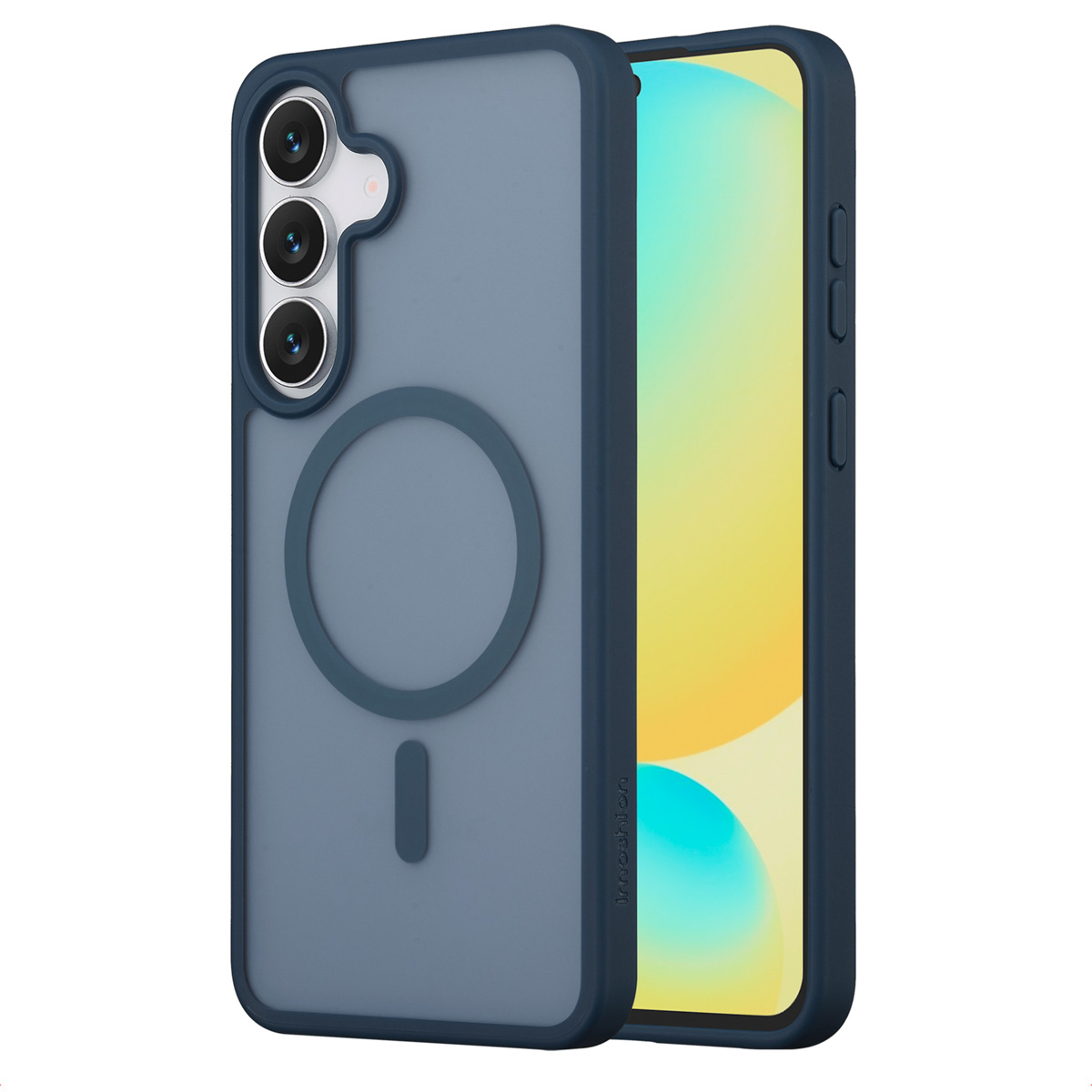 Een telefoonhoesje, met een blauw frame en een doorzichtige achterkant, toont gedeeltelijk een telefoon met een geel-wit scherm.