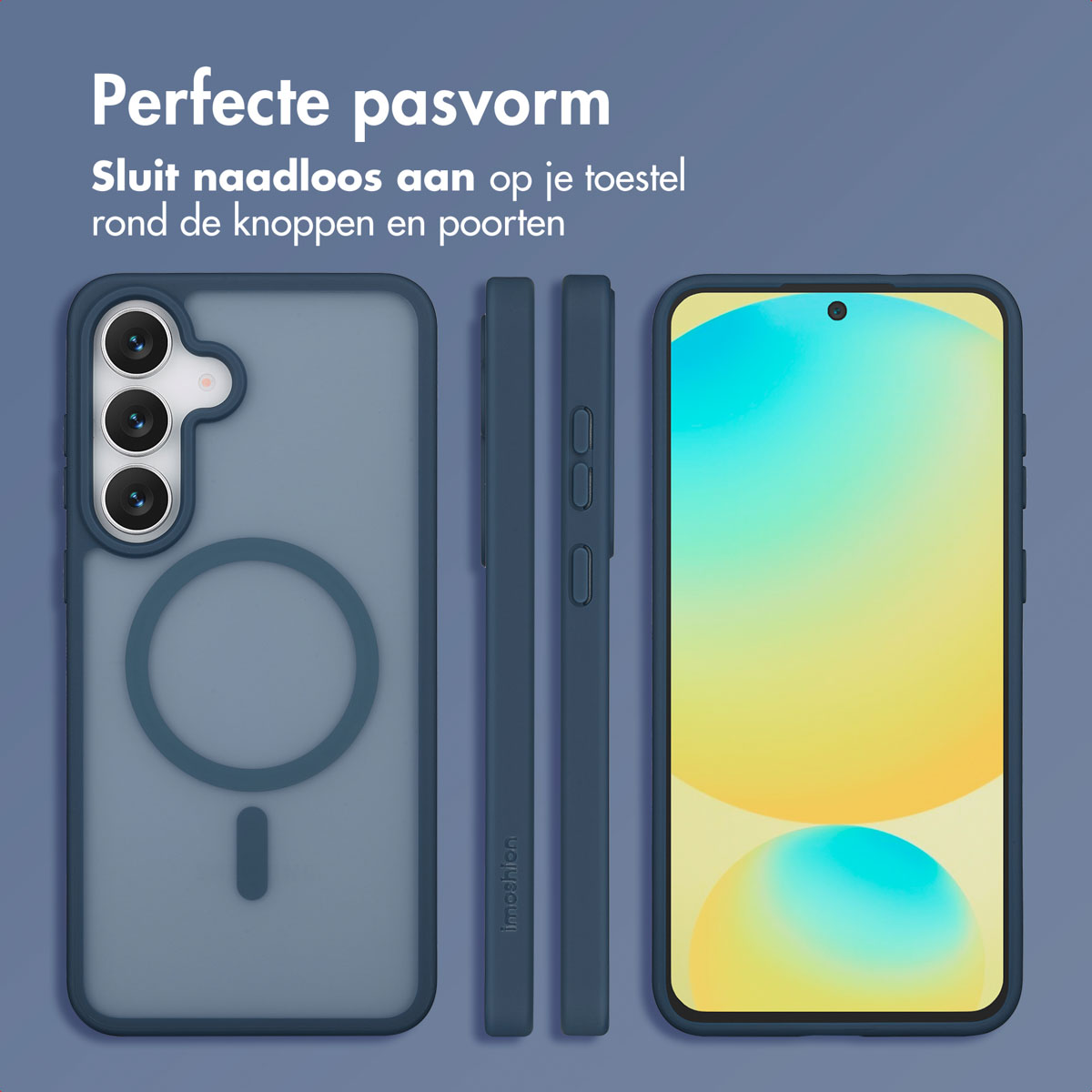 Afbeelding toont een telefoonhoesje en telefoon. De hoes is blauw, de telefoon heeft een geel en wit scherm. Nederlandse tekst.