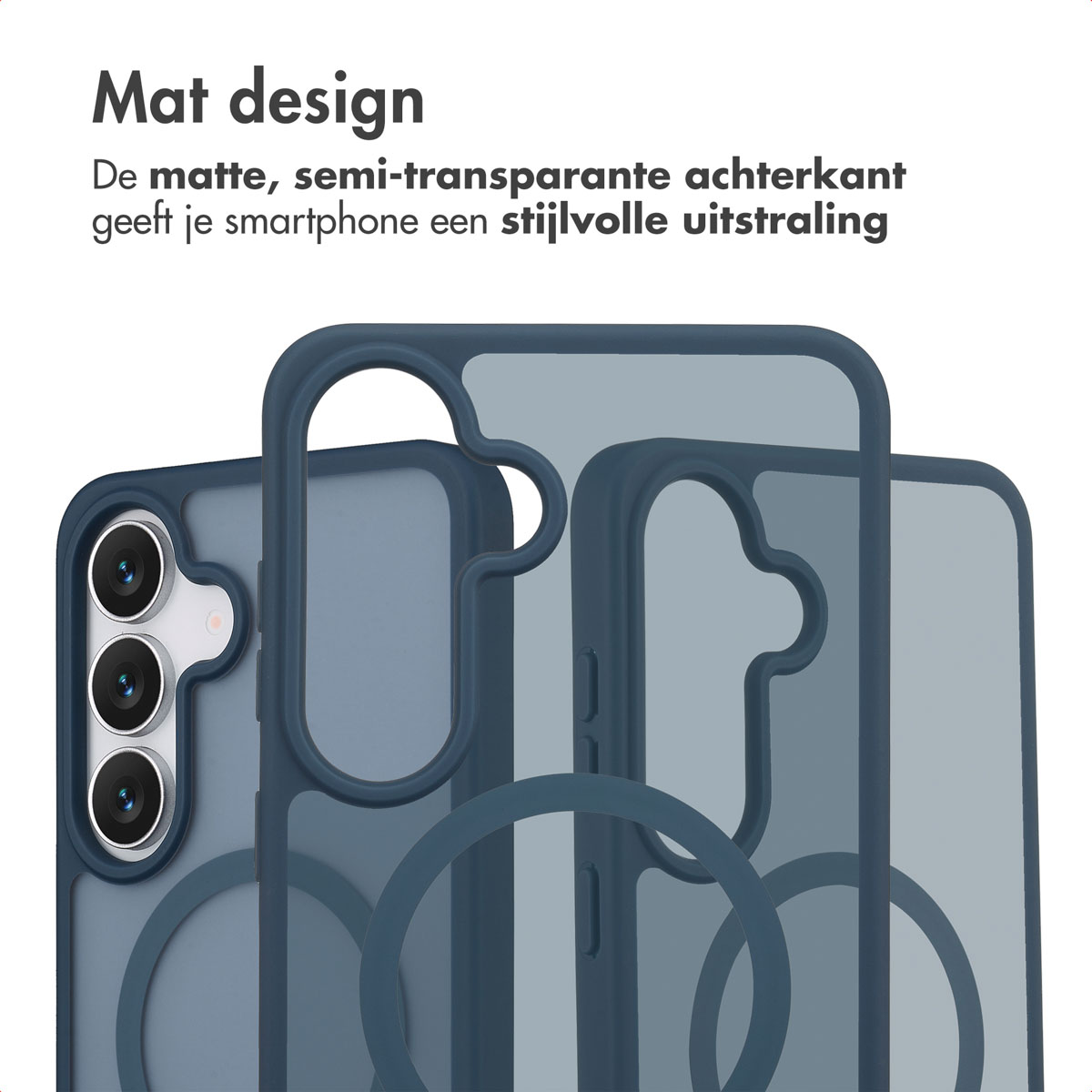 Afbeelding toont telefoonhoesjes. Blauwe hoes links, transparant rechts. Tekst in het Nederlands: 'Mat design'.