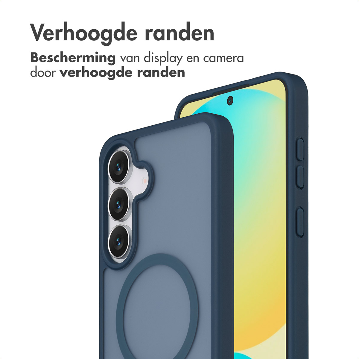 Een blauwe telefoonhoes getoond met Nederlandse tekst en een telefoon erin. Het beschermt het scherm en de camera.