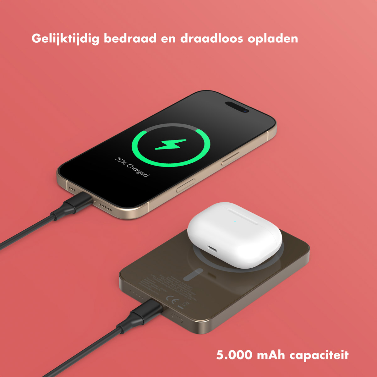 Smartphone laadt via kabel en draadloos oplaadpad met oortjes. Tekst: '75% Opgeladen' en '5.000 mAh capaciteit'.