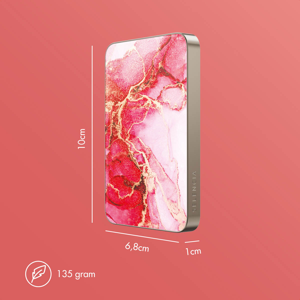 Een telefoonhoesje met een roze en gouden marmerdesign, met het label 'Selencia'. Afmetingen: 10cm x 6,8cm x 1cm. Gewicht: 135 gram.