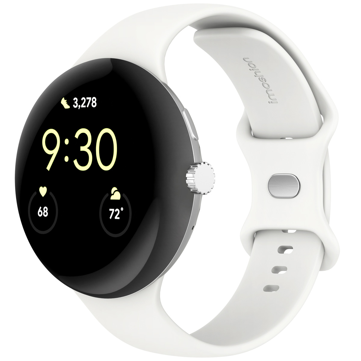 Een witte smartwatch met een zwart scherm waarop de tijd 9:30, hartslag en temperatuur wordt weergegeven. Op de band staat 'imoshion'.
